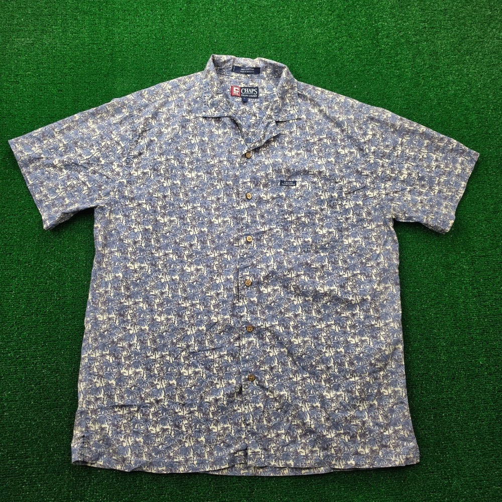 Vintage Chaps Ralph Lauren Hawaiian Camp Shirt Mens Large Blue Palm Tree AOP